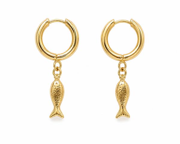 Golden Fish Charm Hoop Earrings